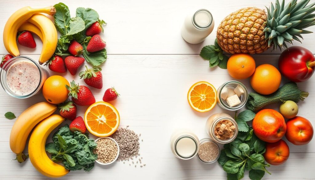 A beautifully lit overhead shot of an assortment of fresh, vibrant ingredients for nutritious shake recipes, including various fruits like strawberries, bananas, oranges, and pineapple, leafy greens such as kale and spinach, superfoods like chia seeds and almond milk, and a few glass jars or bottles filled with healthy liquids. The ingredients are arranged in an appealing, organized manner on a clean, light-colored wooden or marble surface, creating a visually appealing and appetizing composition that captures the essence of delicious and nourishing juice combinations.