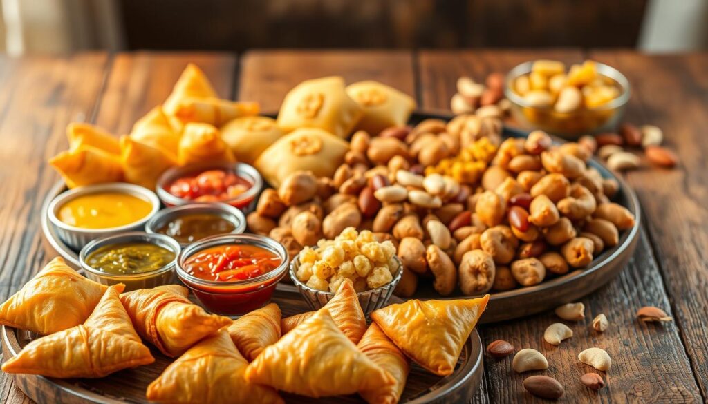 A delightful platter of vibrant, freshly-prepared Diwali snacks, artfully arranged on a rustic wooden surface. In the foreground, golden samosas and crisp pakoras, complemented by colorful chutneys and tangy pickles. The middle ground showcases an array of traditional mithai, each bite-sized morsel glistening with ghee. In the background, a scattering of roasted cashews, pistachios, and almonds add a festive crunch. Warm, diffused lighting casts a soft glow, evoking the cozy, celebratory atmosphere of a Diwali gathering. The entire composition exudes a mouthwatering allure, inviting the viewer to indulge in these irresistible Diwali delicacies. A delightful platter of vibrant, freshly-prepared Diwali snacks, artfully arranged on a rustic wooden surface. In the foreground, golden samosas and crisp pakoras, complemented by colorful chutneys and tangy pickles. The middle ground showcases an array of traditional mithai, each bite-sized morsel glistening with ghee. In the background, a scattering of roasted cashews, pistachios, and almonds add a festive crunch. Warm, diffused lighting casts a soft glow, evoking the cozy, celebratory atmosphere of a Diwali gathering. The entire composition exudes a mouthwatering allure, inviting the viewer to indulge in these irresistible Diwali delicacies.