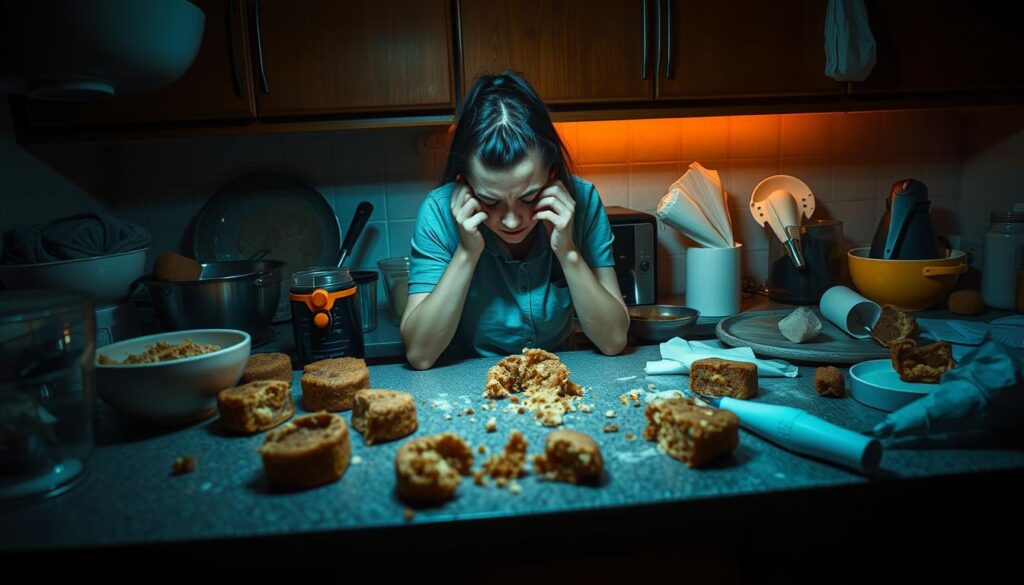 A dimly lit kitchen counter, scattered with various baking tools and half-eaten snack cakes. In the center, a frustrated baker examines a crumbled cake, pondering the root of the issue. Soft, directional lighting casts shadows, creating a moody, introspective atmosphere. The countertop is cluttered with mixing bowls, a sifter, and a piping bag, suggesting a recent baking session gone awry. The snack cakes, some intact and others in varying states of disrepair, represent the common challenges faced when creating these beloved treats. The composition invites the viewer to empathize with the baker's troubleshooting process, capturing the essence of the "Troubleshooting Common Issues with Snack Cakes" section. A dimly lit kitchen counter, scattered with various baking tools and half-eaten snack cakes. In the center, a frustrated baker examines a crumbled cake, pondering the root of the issue. Soft, directional lighting casts shadows, creating a moody, introspective atmosphere. The countertop is cluttered with mixing bowls, a sifter, and a piping bag, suggesting a recent baking session gone awry. The snack cakes, some intact and others in varying states of disrepair, represent the common challenges faced when creating these beloved treats. The composition invites the viewer to empathize with the baker's troubleshooting process, capturing the essence of the "Troubleshooting Common Issues with Snack Cakes" section.