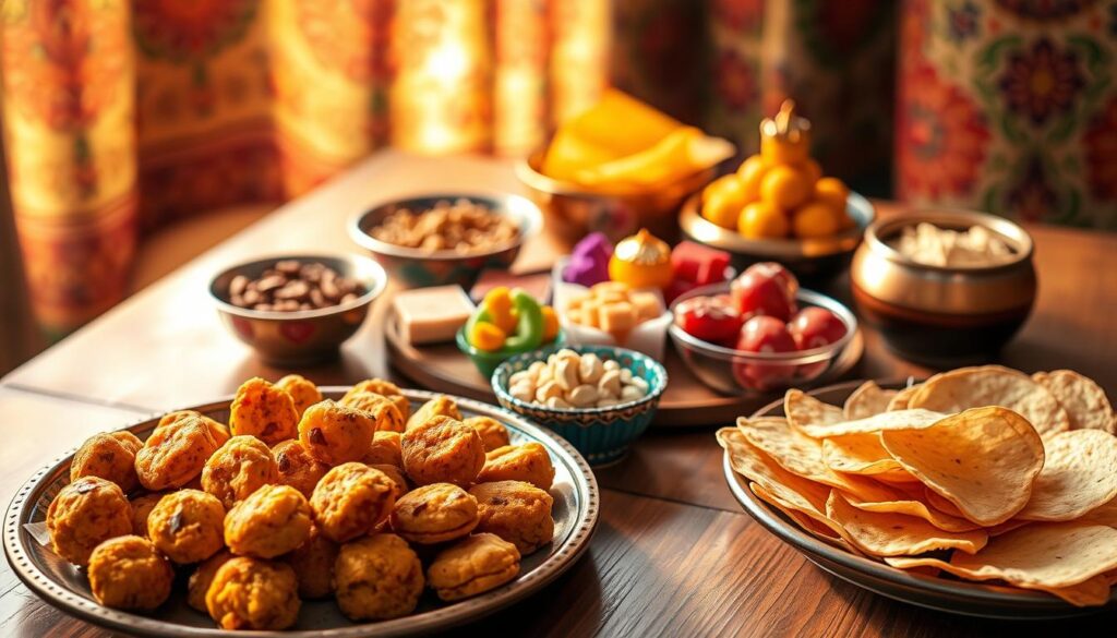 A mouth-watering collection of easy-to-make Diwali snacks, artfully arranged on a wooden table, bathed in warm, golden lighting. In the foreground, a platter of salty-sweet chickpea flour pakoras and crispy papad. In the middle, a tempting array of colorful mithai like barfi, laddoo, and gulab jamun. The background features a vibrant tapestry, hinting at the celebratory spirit of the festival. The scene conveys a sense of effortless festivity, perfect for busy hosts looking to delight their guests with delectable Diwali treats. A mouth-watering collection of easy-to-make Diwali snacks, artfully arranged on a wooden table, bathed in warm, golden lighting. In the foreground, a platter of salty-sweet chickpea flour pakoras and crispy papad. In the middle, a tempting array of colorful mithai like barfi, laddoo, and gulab jamun. The background features a vibrant tapestry, hinting at the celebratory spirit of the festival. The scene conveys a sense of effortless festivity, perfect for busy hosts looking to delight their guests with delectable Diwali treats.