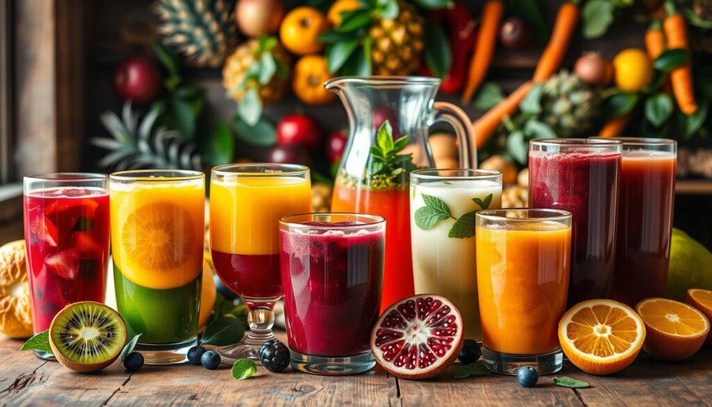 An assortment of luscious, freshly-squeezed fruit juices arranged on a rustic wooden table, bathed in warm, golden natural lighting. In the foreground, vibrant glasses brimming with layered combinations like ruby-red pomegranate and emerald-green kiwi, or sunshine-bright orange and deep purple blackberry. In the middle, glistening glass pitchers filled with invigorating mixes of pineapple, mango, and mint, or crisp apple, carrot, and ginger. In the background, a variety of whole, ripe fruits and lush green leaves spilling across the table, evoking a sense of homemade, wholesome indulgence. The scene exudes a cozy, inviting atmosphere, beckoning the viewer to savor the bold, refreshing flavors of these homemade juice blends.